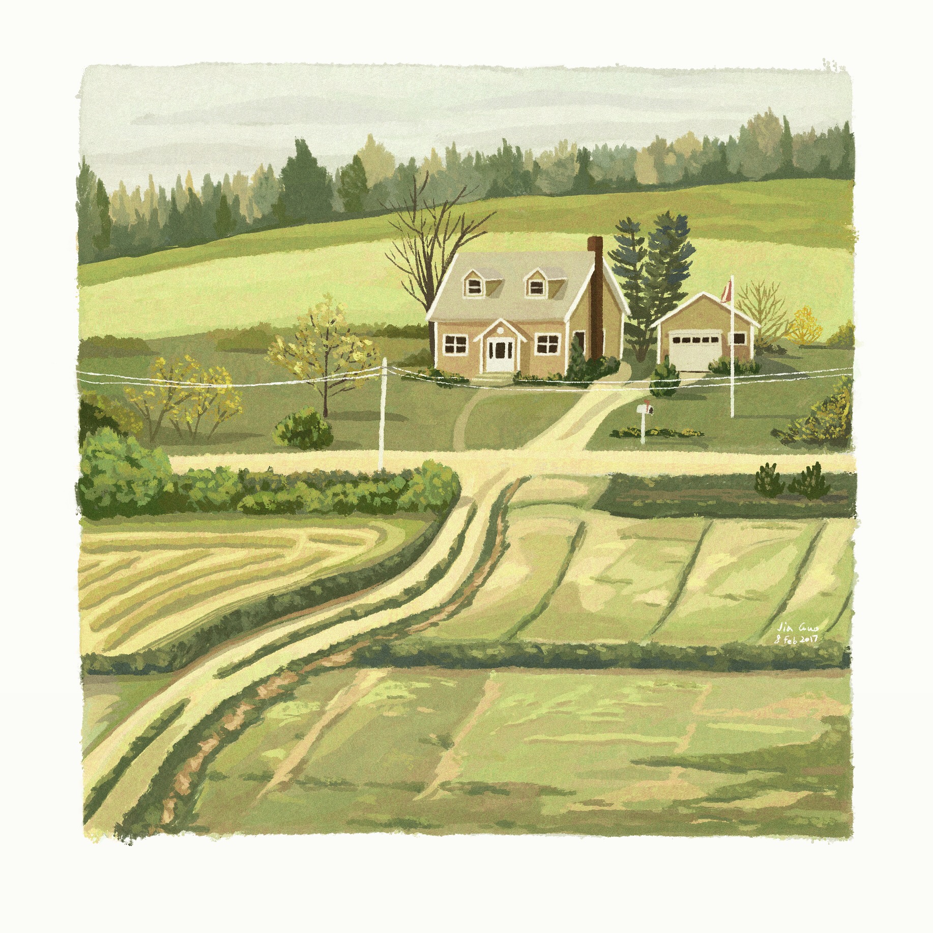 Illustration of a farmhouse surrounded by green fields