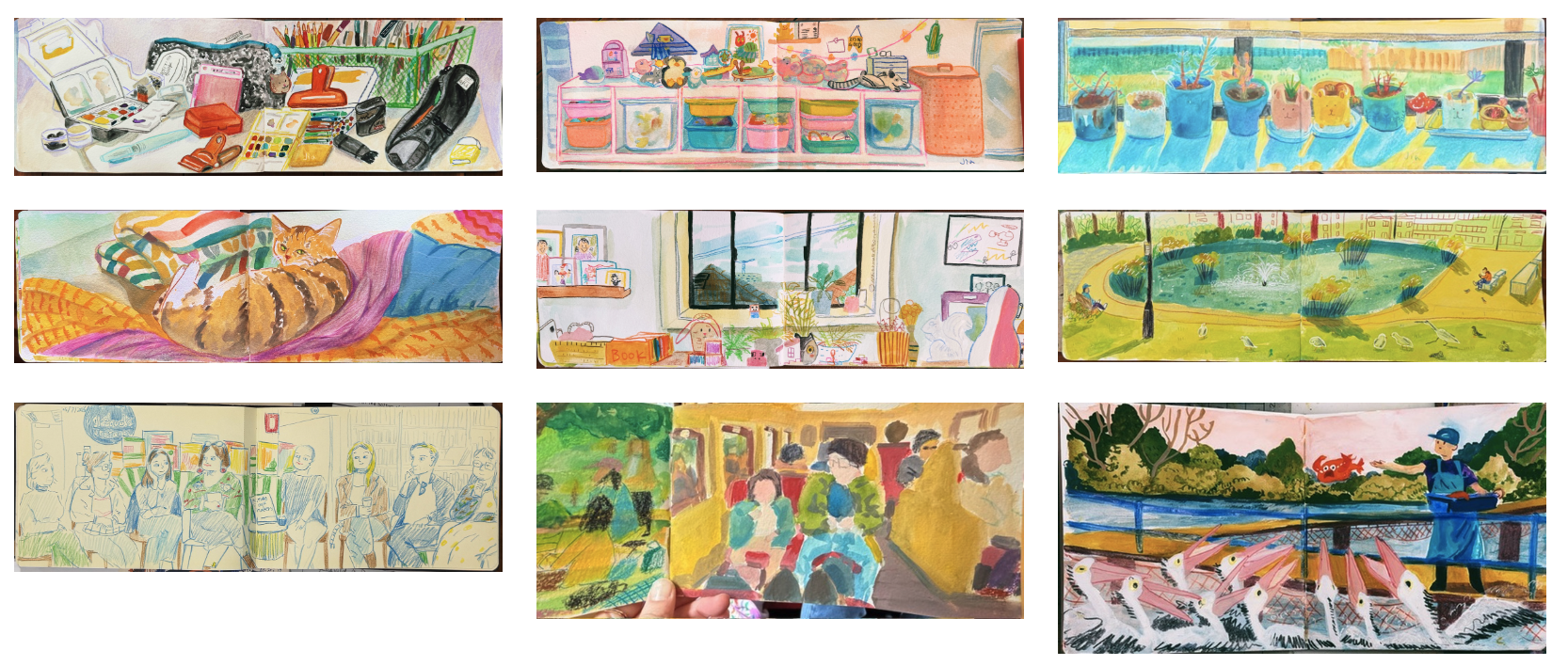 A selection of colourful sketchbook spreads