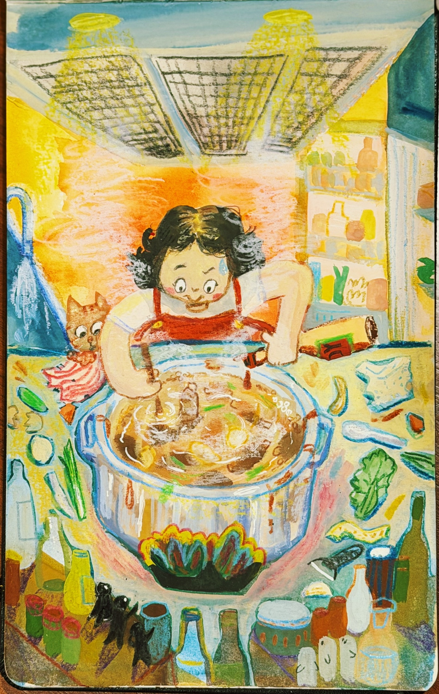A young chef preparing food in a busy kitchen